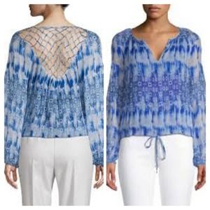 RAMY BROOK Malia Blouse •Women S• Silk Ikat Tunic Lattice Blue Puff Sleeve